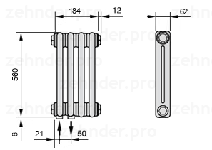 Схема (чертеж) Радиатор Zehnder Charleston 2056/4 №3370 Белый глянцевый RAL 9016